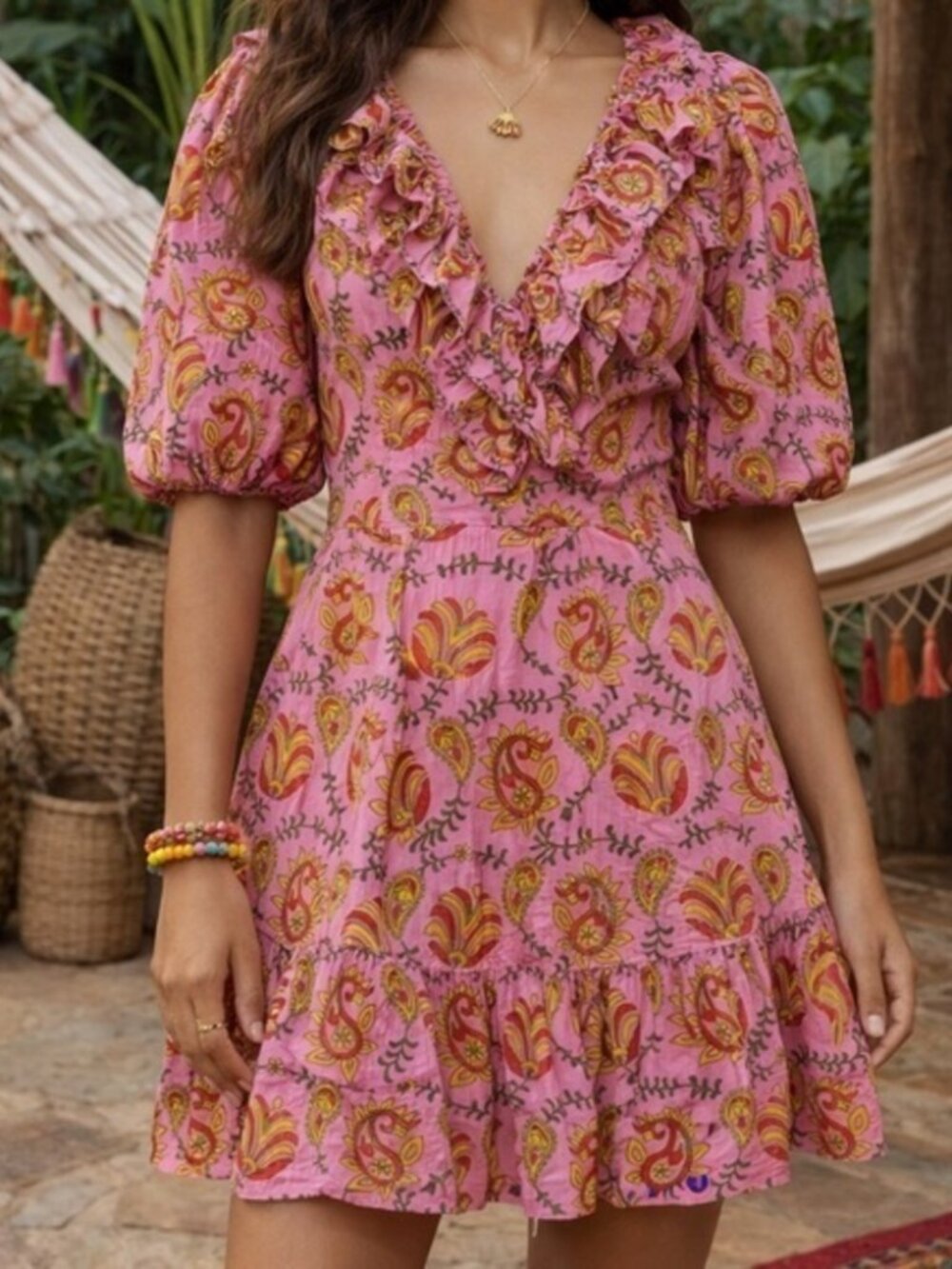 EUC Rahi Amber Pink block printed Floral cottagecore Cotton Ruffle Mini Dress S